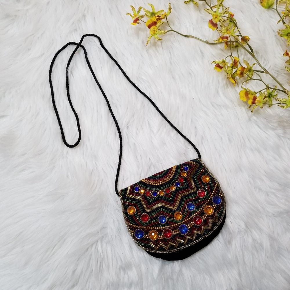 Sorpresa Croosbody Black Velvet Bag With Multicolored Beads...!!